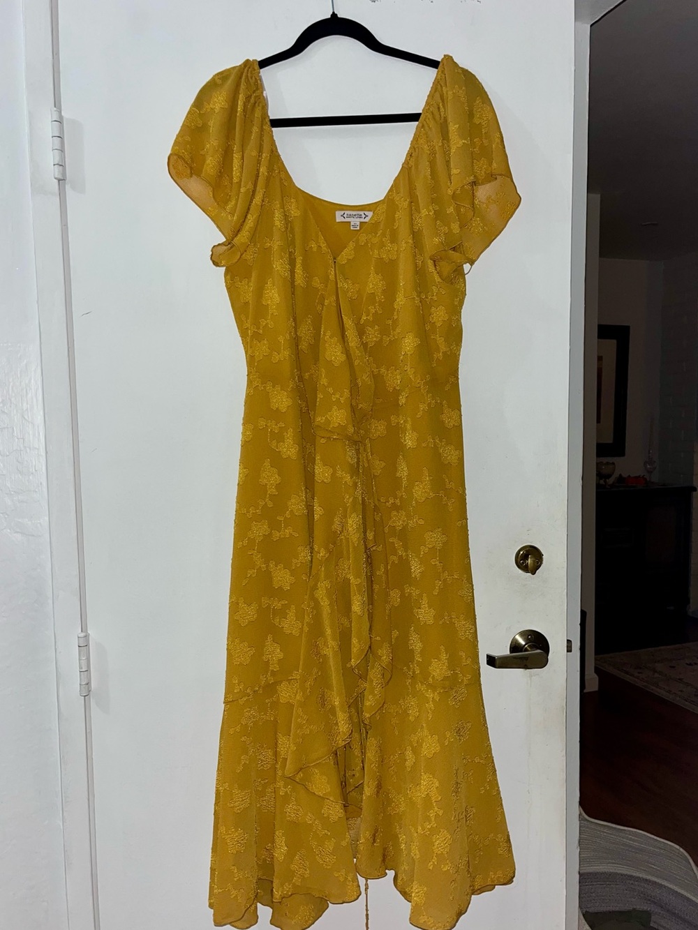 Nanette Lepore Mustard Yellow Floral Ruffle Midi Dress